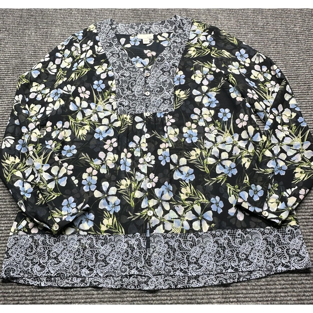J Jill Blouse Womens Small Floral Sheer Button Front Long Sleeve Lightweight Top